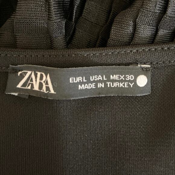 Zara Black Short Sleeve Flowy Pleated Round Neck Ruffle Midi T Shirt Dress Sz L - Picture 7 of 8